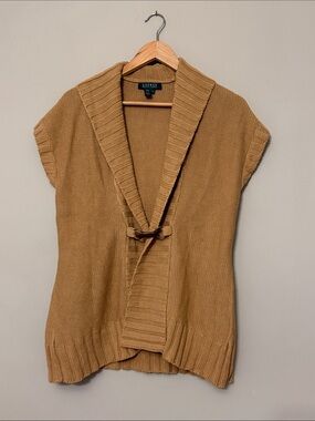Lauren Ralph Lauren Ribbed Shawl Collar Sweater Vest | Size Medium | Neutral Tan
